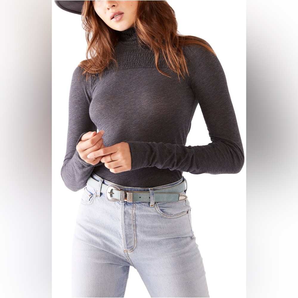 New Free People Caroline Smocked Turtleneck Black Long Sleeve Top Size Small